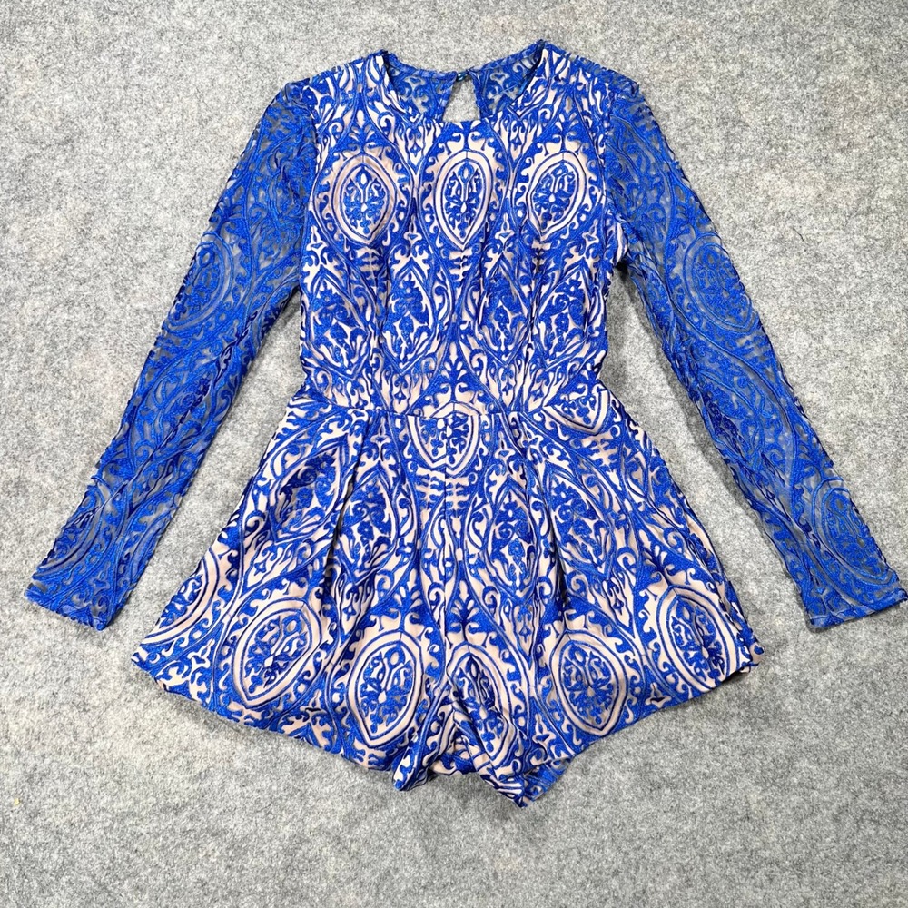 The Jetset Diaries Romper Womens M Blue Lace Long Sleeve Open Back Damask Boho